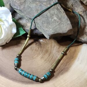 Vintage Boho Tribal Teal and Brass Metal Beaded Navajo Necklace